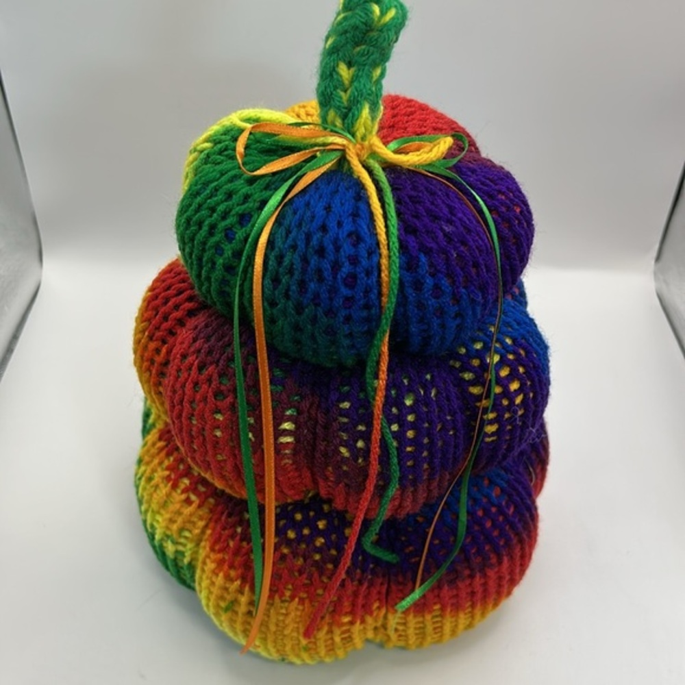 Colorful Rainbow Knit Pumpkin Stack